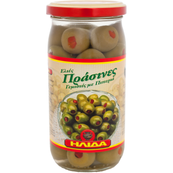 JAR GREEN OLIVES STUFFED WITH NATURAL RED PEPPER IN BRINE